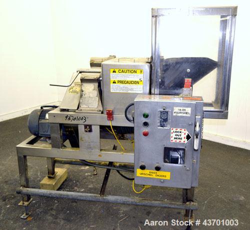 Used Urschel Model G Dicer. Unit is rated to 22,000 lbs per hour. Accepts up to a 5 1/2" diameter product log; utilizes slice, crosscut, and circular knives. Cut thickness range:  slicing blade 1/8" ...