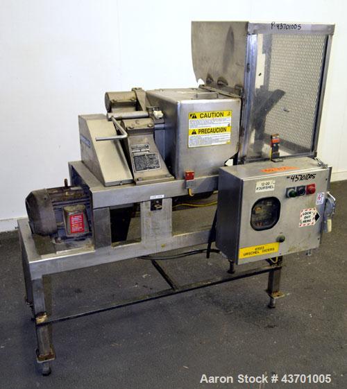 Used Urschel Model G Dicer. Unit is rated to 22,000 lbs per hour. Accepts up to a 5 1/2" diameter product log; utilizes slice, crosscut, and circular knives. Cut thickness range:  slicing blade 1/8" ...