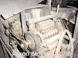 Used Urschel Slicer/Dicer, Model L, Stainless Steel. Approximately (2) 8" wide rotors, driven by a 1/2 hp gearmotor. Capacity 3000 pounds per hour. 6-1/2" x 6-3/4" feed chute, discharge roll, approxi...