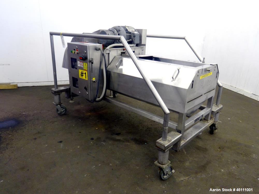 Used Urschel Dicer, Strip Cutter, and Shredder, Model M, 304 Stainless Steel. Will produce square or rectangular dices from 1/8" x 3/16" to 1-1/2" x 3", maximum thickness 1". Belt feed approximately ...