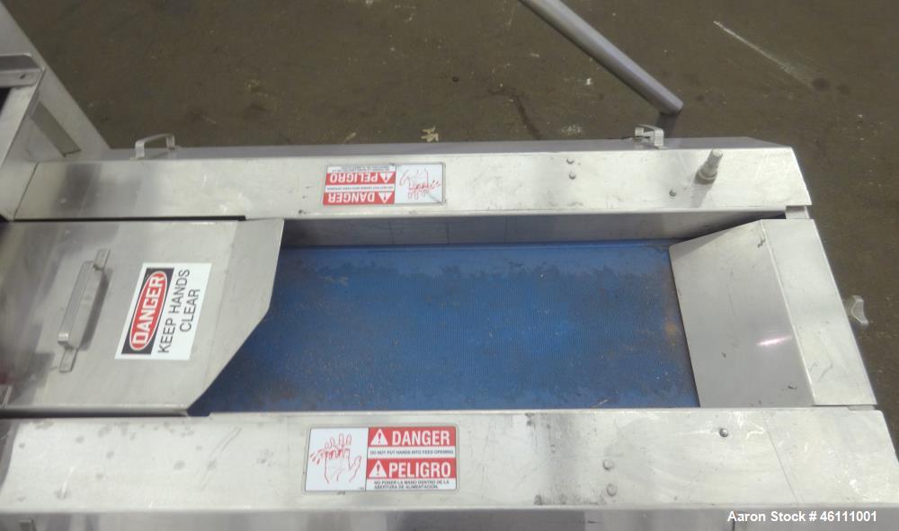 Used Urschel Dicer, Strip Cutter, and Shredder, Model M, 304 Stainless Steel. Will produce square or rectangular dices from 1/8" x 3/16" to 1-1/2" x 3", maximum thickness 1". Belt feed approximately ...