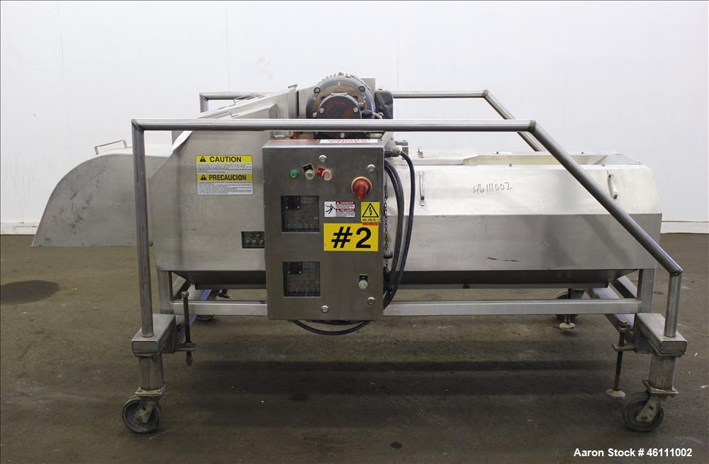 Used Urschel Dicer, Strip Cutter, and Shredder, Model M, 304 Stainless Steel. Will produce square or rectangular dices from 1/8" x 3/16" to 1-1/2" x 3", maximum thickness 1". Belt feed approximately ...