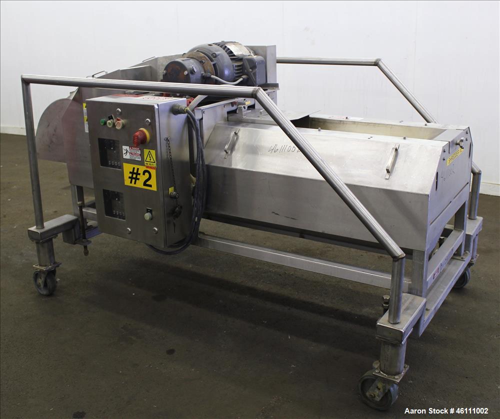 Used Urschel Dicer, Strip Cutter, and Shredder, Model M, 304 Stainless Steel. Will produce square or rectangular dices from 1/8" x 3/16" to 1-1/2" x 3", maximum thickness 1". Belt feed approximately ...