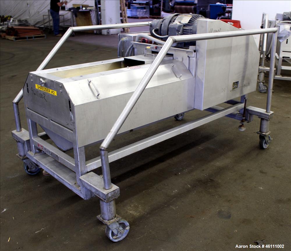 Used Urschel Dicer, Strip Cutter, and Shredder, Model M, 304 Stainless Steel. Will produce square or rectangular dices from 1/8" x 3/16" to 1-1/2" x 3", maximum thickness 1". Belt feed approximately ...