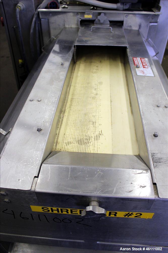 Used Urschel Dicer, Strip Cutter, and Shredder, Model M, 304 Stainless Steel. Will produce square or rectangular dices from 1/8" x 3/16" to 1-1/2" x 3", maximum thickness 1". Belt feed approximately ...