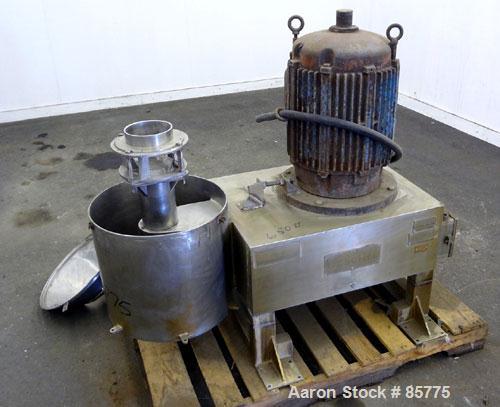 Used Urschel Comitrol Processor, Model MG1700, 15-5 PH Stainless Steel. Approximate 6" diameter impeller, microcut cutting head. Top feed with hopper, bottom discharge hopper. Driven by an approximat...