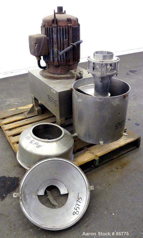 Used Urschel Comitrol Processor, Model MG1700, 15-5 PH Stainless Steel. Approximate 6" diameter impeller, microcut cutting head. Top feed with hopper, bottom discharge hopper. Driven by an approximat...