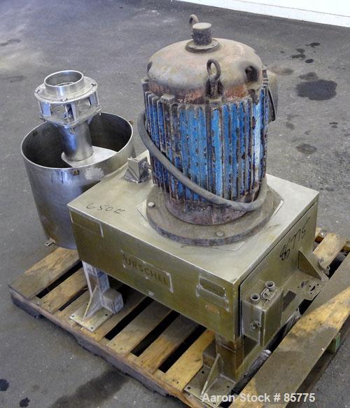 Used Urschel Comitrol Processor, Model MG1700, 15-5 PH Stainless Steel. Approximate 6" diameter impeller, microcut cutting head. Top feed with hopper, bottom discharge hopper. Driven by an approximat...