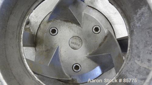 Used Urschel Comitrol Processor, Model MG1700, 15-5 PH Stainless Steel. Approximate 6" diameter impeller, microcut cutting head. Top feed with hopper, bottom discharge hopper. Driven by an approximat...