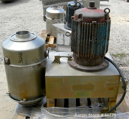 Used Urschel Comitrol Processor, Model MG1700, 15-5 PH Stainless Steel. Approximate 6" diameter impeller, microcut cutting head. Top feed with hopper, bottom discharge hopper. Driven by an approximat...