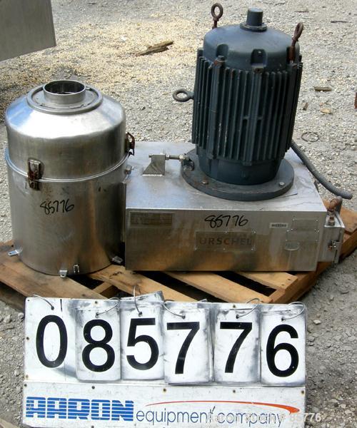 USED: Urschel Comitrol processor, model MG1700, 15-5PH stainless steel. Approximate 6" diameter impeller, microcut cutting head. Top feed with hopper, bottom discharge hopper. Driven by a 30 hp motor...