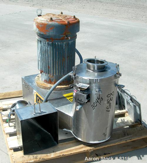 Used Urschel Comitrol Processor, Model MG, 304 stainless steel. Approximately 6" diameter x 3" deep cutting head. 3 blade impeller. Driven by a 20 hp, 3/60/208-220/440 volt, 3530 rpm motor. 5" diamet...