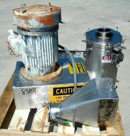 Used Urschel Comitrol Processor, Model MG, 304 stainless steel. Approximately 6" diameter x 3" deep cutting head. 3 blade impeller. Driven by a 20 hp, 3/60/208-220/440 volt, 3530 rpm motor. 5" diamet...