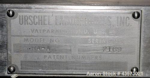 Used Urschel Model RA-A Dicer. USDA approved strip cutter and dicer. Unit will cut pieces as small as 1/16" x 1/8" x 1/16" and as large as 3/8" x 1/2" x 3/4". To cut different size pieces, change par...