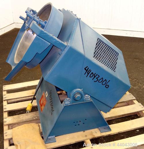Used FEECO International Disc Pelletizer. Approximate 16” diameter x 3-1/4” deep 301 stainless steel pan. (3) Adjustable plow arms. Driven by a 1/4 hp, 60/115-2088/23660 volt, 1725 rpm motor.