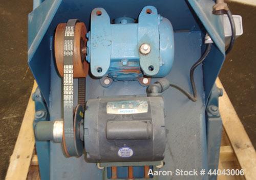 Used FEECO International Disc Pelletizer. Approximate 16” diameter x 3-1/4” deep 301 stainless steel pan. (3) Adjustable plow arms. Driven by a 1/4 hp, 60/115-2088/23660 volt, 1725 rpm motor.