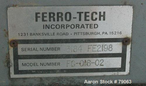 Used Ferro Tech Disc Pelletizer, Model FC-016-02. 16" diameter x 3-1/2" deep 304 stainless steel pan. 3 adjustable plow arms. Driven by a 1/3 HP, 1/60/115 Volt, 1725 RPM motor.