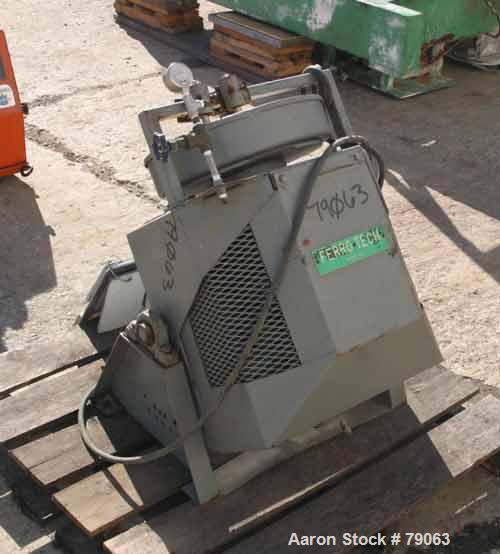 Used Ferro Tech Disc Pelletizer, Model FC-016-02. 16" diameter x 3-1/2" deep 304 stainless steel pan. 3 adjustable plow arms. Driven by a 1/3 HP, 1/60/115 Volt, 1725 RPM motor.