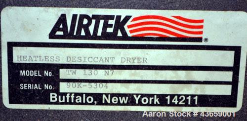 Used Airtek Heatless Desiccant Air Dryer, Model TW-130-N7. Approximate capacity 135 SCFM at 100 psi. (2) Tanks, XP control box. Mounted on a frame.