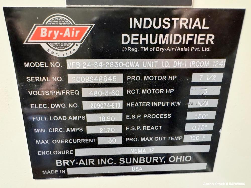 Used Bry-Air Industrial Dehumidifier, Model VFB-24-S4-2830-CWA, Serial# 2009S8845.