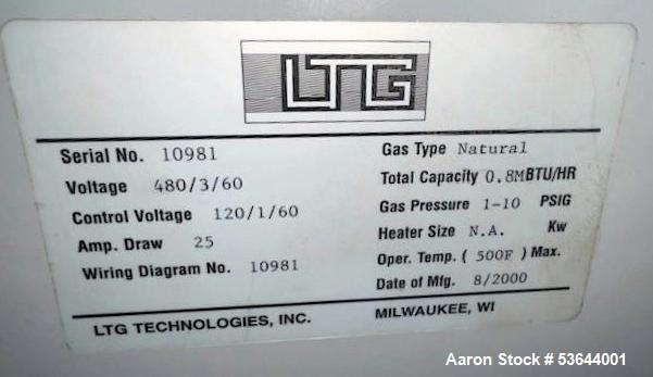 Used LTG Conveyorized Tempering Oven – 500°F Max | 800,000 BTU/hr | 48” Belt | Natural Gas | 20' Conveyor