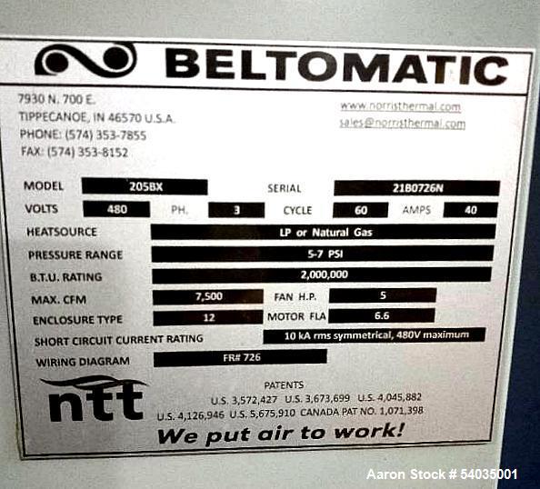 Used Beltomatic Belt Dryer/Dehydrator, Model 205BX.  2 million btu rating; 7,500 maximum cfm; Capable of 295 degrees F; 5-7 psi; Fines conveyor in the bottom of dryer; Adjustable leveling gate; Varia...