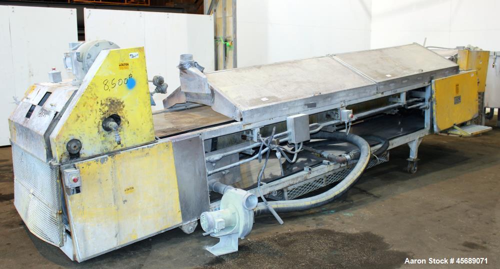 Used Buss Condux cooling belt. Approximate 39-3/8" wide x 210" long stainless steel belt, driven by a 2hp gear motor. (2) Approximate 40" wide x 12" diameter cored infeed rolls, driven by a 5hp motor.