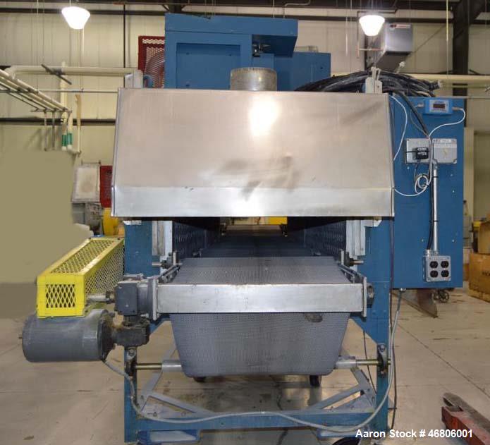 Used Gruenberg Conveyor Oven, Model 2MM65H187. Max. temp. 650 Degrees F, operating temp. 650 Degrees F. Electric heat, 460V/30/60Hz, horizontal air circulation. Heat rating 42 kW per module, 84 kW ov...