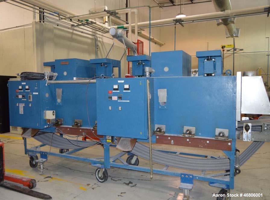 Used Gruenberg Conveyor Oven, Model 2MM65H187. Max. temp. 650 Degrees F, operating temp. 650 Degrees F. Electric heat, 460V/30/60Hz, horizontal air circulation. Heat rating 42 kW per module, 84 kW ov...