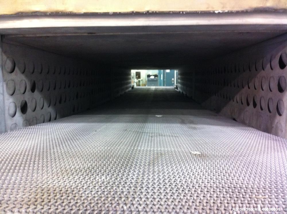 Used Gruenberg Conveyor Oven, Model 2MM65H187. Max. temp. 650 Degrees F, operating temp. 650 Degrees F. Electric heat, 460V/30/60Hz, horizontal air circulation. Heat rating 42 kW per module, 84 kW ov...