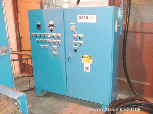 USED: Koch Industrial conveyorized high velocity IR oven, 10'0" long with 4'0" IR zone. Bulb type IR lamps. Maximum oven temperature 400 deg F. Recirculation fan: (1) New York blower 22" fan with PLR...