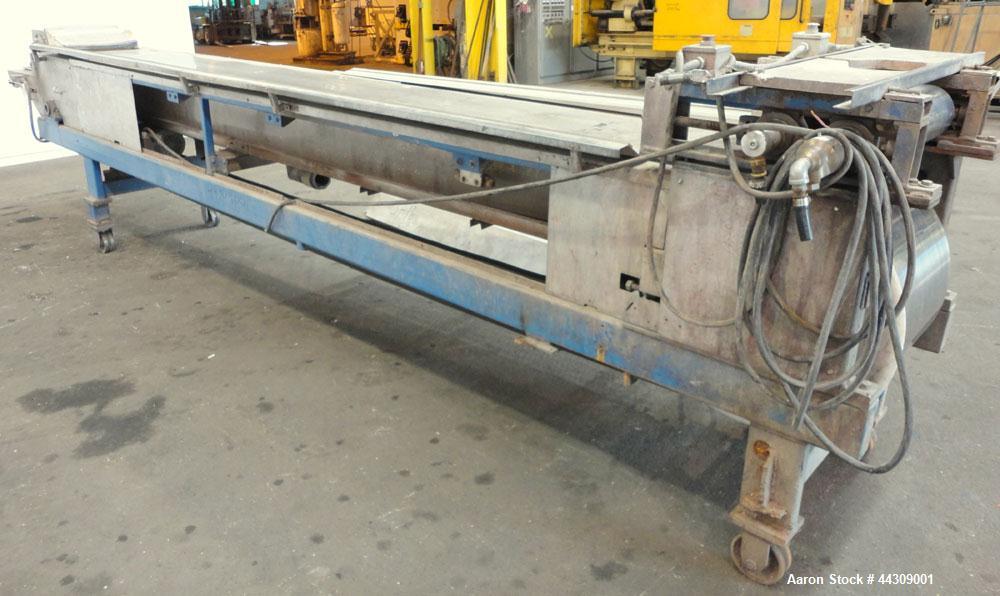 Used Spray Belt Cooler, 301 Stainless Steel. 19-1/2" Wide x 204" long belt. Driven by a 2 hp, 3/60/208-230/460 volt, 1725 rpm gear motor, ratio 10.0 to 1. (2) Cored feed roll assemblies, driven by an...