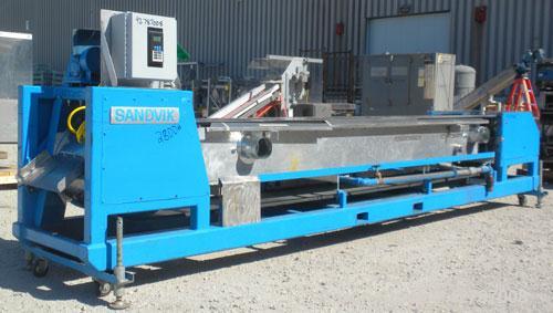 Used Sandvik Spray Belt Cooler, 301 Stainless Steel. 19-3/4" Wide x 180" long belt. Driven by a 3/4hp, 3/60/208-230/460 Volt, 1725 rpm gear motor, ratio 200 to 1. Approximately 11’9’’ effective cooli...