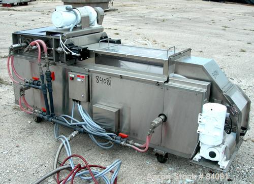 Used Sandvik Belt Cooler, 316 Stainless Steel. 12" Wide x 63" long belt, on 24" diameter cored rolls, driven by a 1/2 HP, 3/60/208-230/460 Volt, 1725 RPM gearmotor, ratio 165:1. (2) Pneumatically adj...
