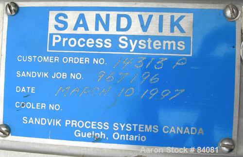 Used Sandvik Belt Cooler, 316 Stainless Steel. 12" Wide x 63" long belt, on 24" diameter cored rolls, driven by a 1/2 HP, 3/60/208-230/460 Volt, 1725 RPM gearmotor, ratio 165:1. (2) Pneumatically adj...