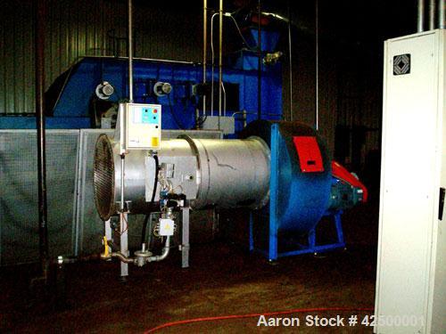 Used Scolari Flatbed Dryer, model A44CK, 10' wide x 48' long. Rated 600,000 K cal/hour. Dryer uses a leveling auger to distribute the material evenly to both ends of the dryer. Volts 480, Hz 60. Year...
