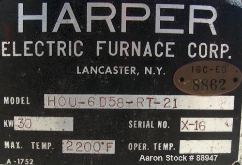 USED: Harper rotary tube furnace, model HOU-6D58-RT-21. 6" diameter x 100" long tube. Approximately 6' long, 3 zones, indirect electrically heated. Max temp 2200 deg F. Tube driven by a 1/4 hp, 3/60/...