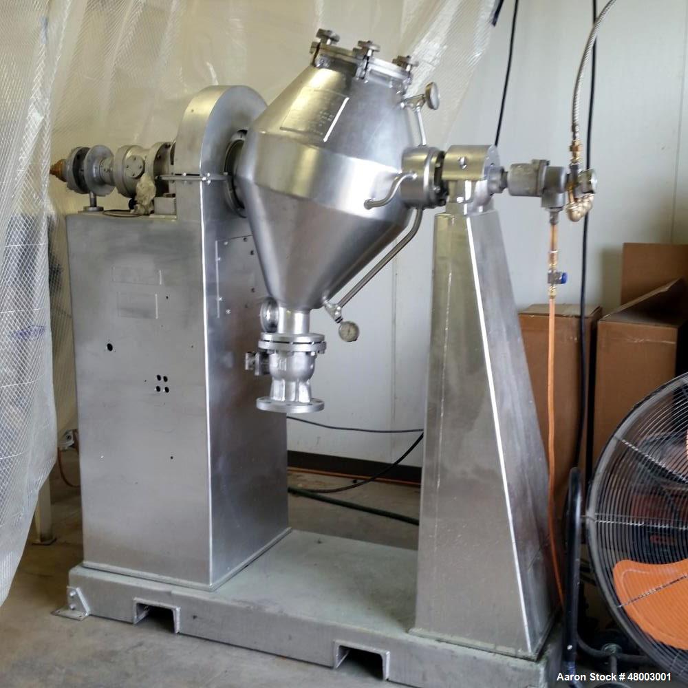Used Baker Perkins Double Cone Dryer. 3 cubic foot capacity. Stainless steel. Internal rated 20 psig, jacket rated 20 psig at 200 deg C. Hot oil. Mfg. 1981.