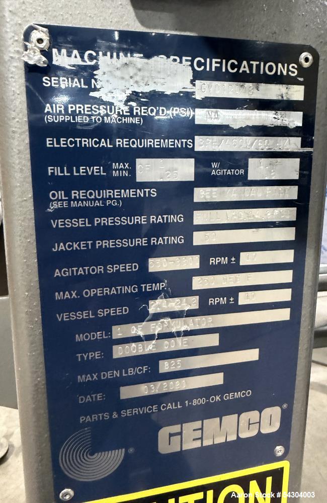 Unused Gemco 1 CF Double Cone Vacuum Dryer – Stainless Steel Vacuum Dryer with Agitator & Lump Breaker (2020)