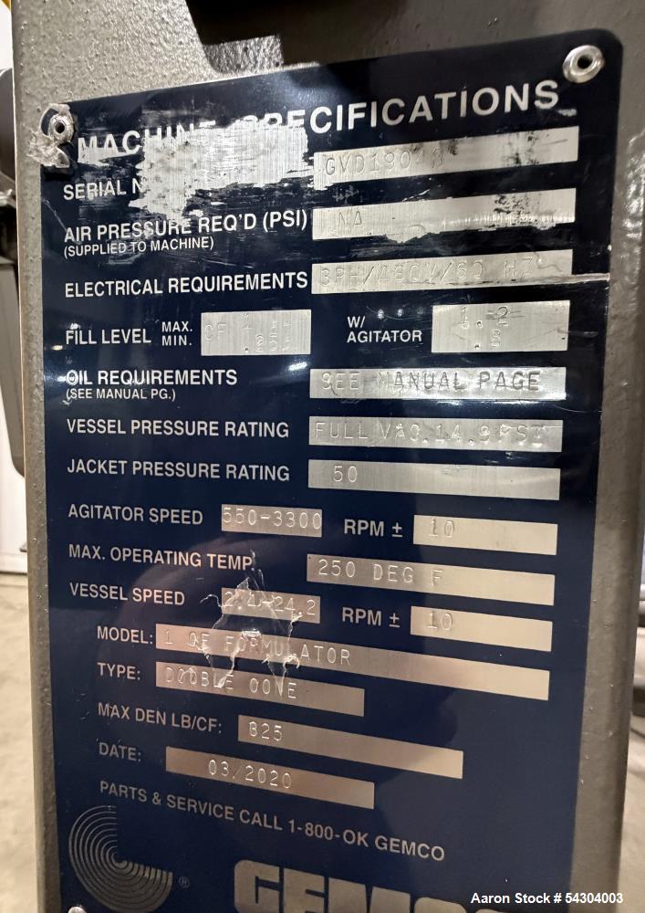 Unused Gemco 1 CF Double Cone Vacuum Dryer – Stainless Steel Vacuum Dryer with Agitator & Lump Breaker (2020)