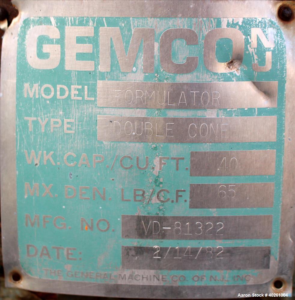 Used Gemco Double Cone Vacuum Dryer, Model Formulator, Approximately 40 Cubic Feet Working Capacity, 304 Stainless Steel. Maximum material density 65 pounds per cubic foot. Internal rated Vacuum at 5...