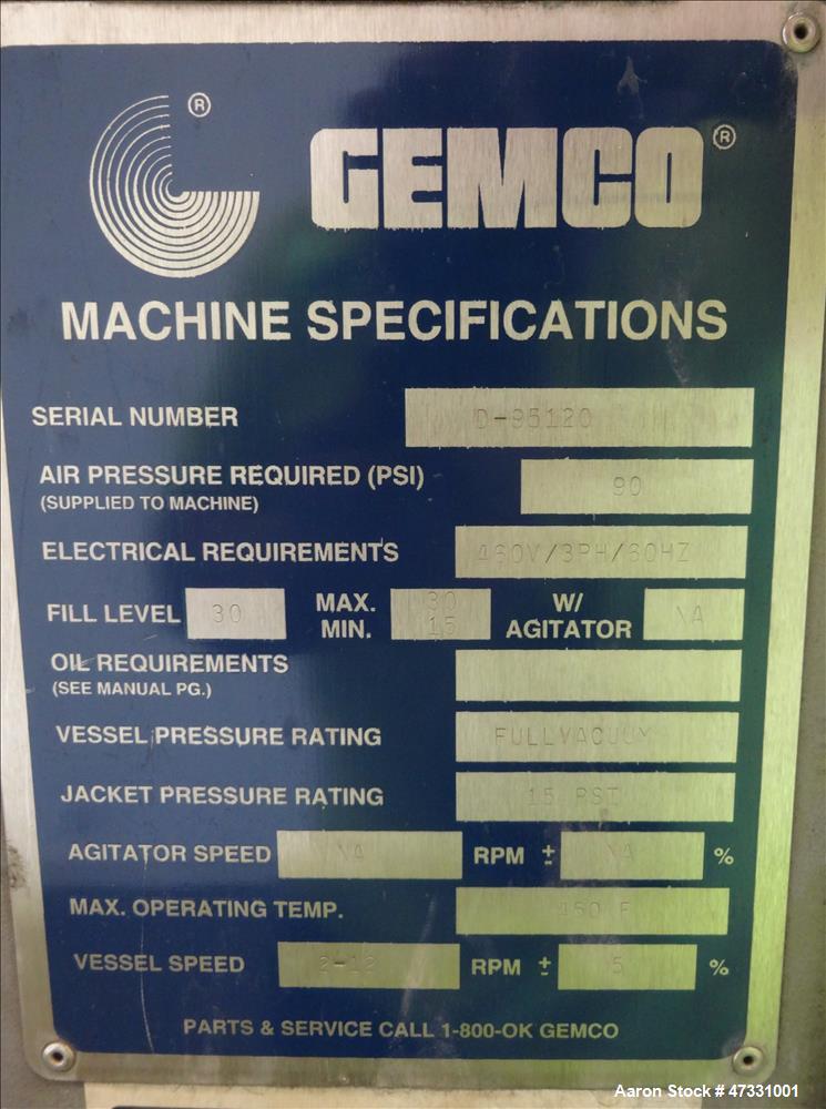 Used Gemco Double Cone Vacuum Dryer, Model Vacuum Dryer, Approximate 30 Cubic F