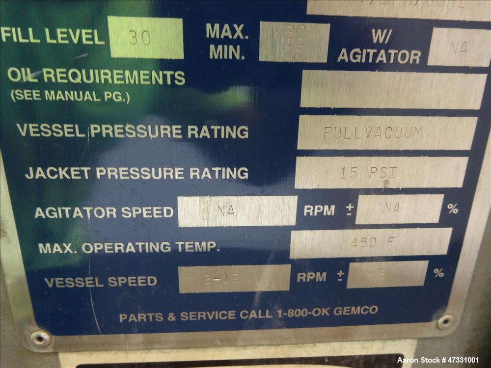 Used Gemco Double Cone Vacuum Dryer, Model Vacuum Dryer, Approximate 30 Cubic F