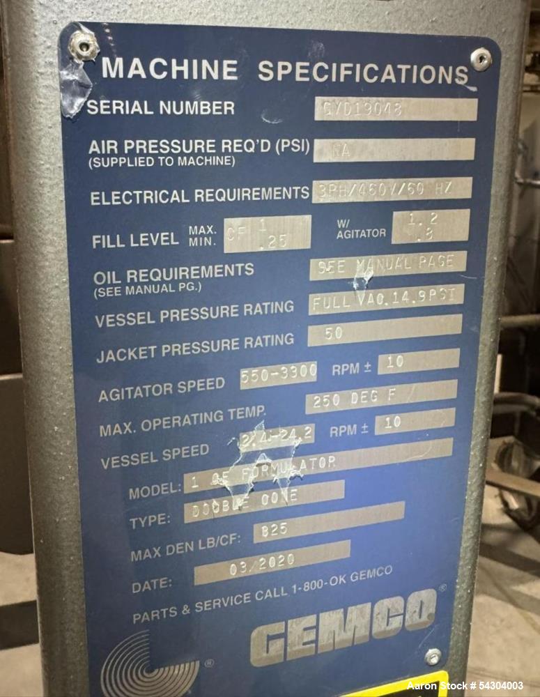 UNUSED  Gemco 1 cuft Double Cone Vacuum Dryer. Internal FV @ 250 Deg. F. Jacket 50 psi @ 250 Deg. F.  ASME- NB #3291 XP Panel with VFDs for main motor and lump breaker- 550-3300 rpm. Vessel Speed  VF...