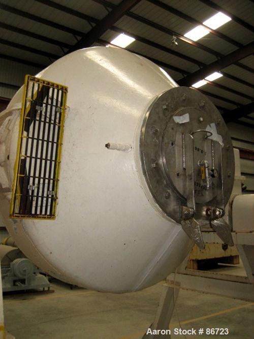 Used Gemco Double Cone Vacuum Dryer, Approximate 60 Cubic Feet Working Capacity, 304 Stainless Steel. Approximate 68" diameter x 20" straight side x 38" cones. Carbon steel jacket, not rated. 14" Dia...
