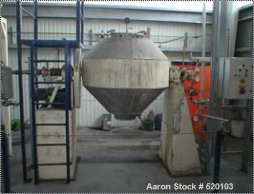 USED: Klein double cone dryer. Material of construction is stainless steel on product contact parts. Working capacity is 17.7 cu ft (500 liter). Double jacketed. Inside rated for full vacuum (-1) and...