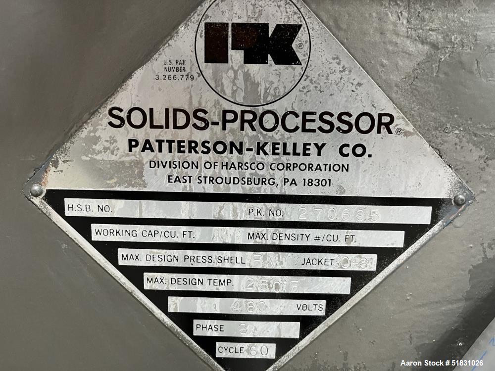 Used Patterson-Kelley 1-Cubic Foot Solids Processor. Jacketed shell rated for 30 psi @ 250 degrees F. 3/60/460V.