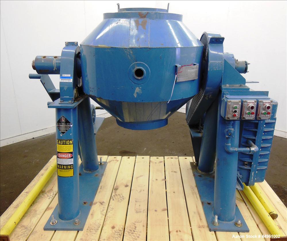 Used Patterson-Kelley Double Cone Vacuum Tumble Dryer, 3 Cubic Feet, 304 Stainless Steel. Maximum material density 100 pounds a cubic foot. Approximate 25" diameter x 12" staright side x 10", and 12"...
