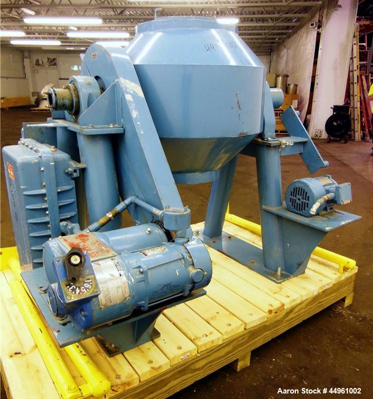 Used Patterson-Kelley Double Cone Vacuum Tumble Dryer, 3 Cubic Feet, 304 Stainless Steel. Maximum material density 100 pounds a cubic foot. Approximate 25" diameter x 12" staright side x 10", and 12"...