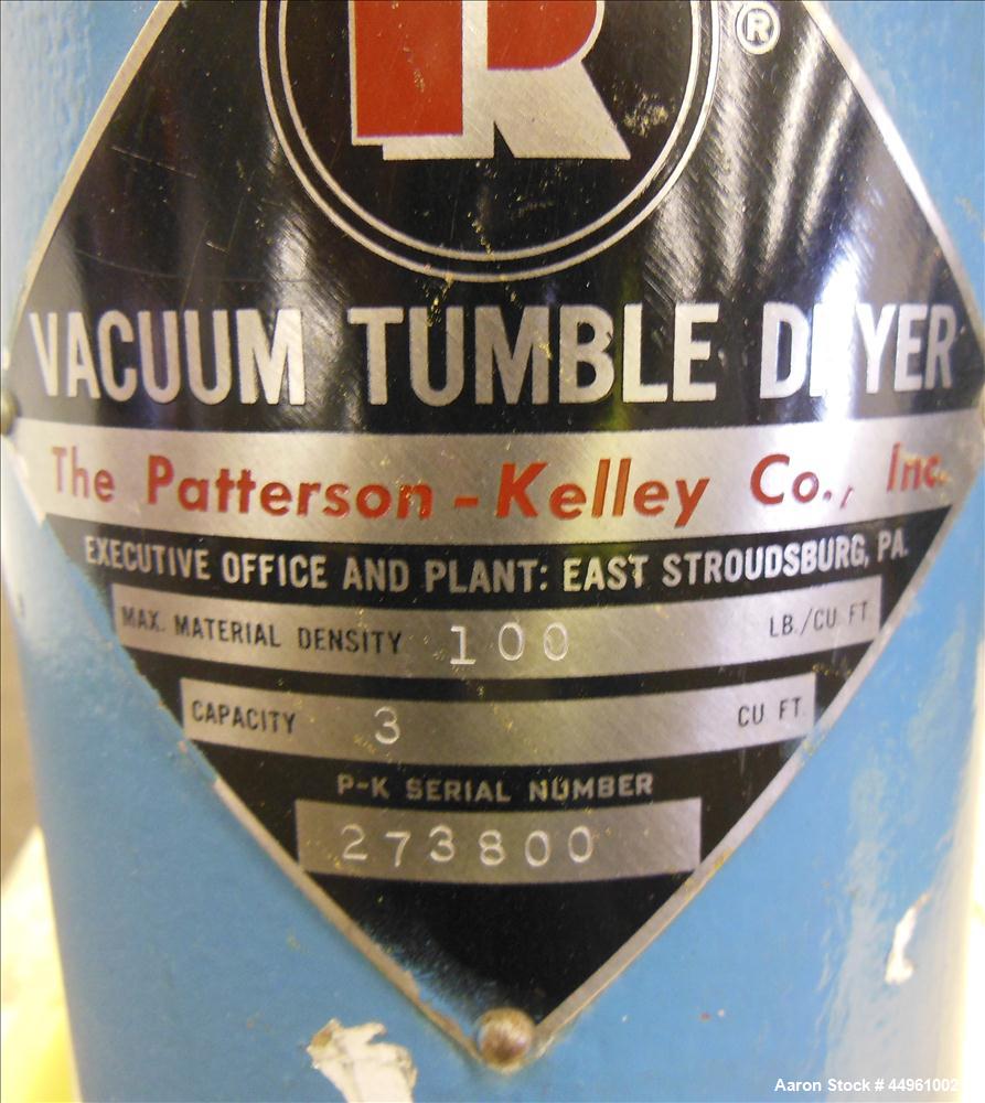 Used Patterson-Kelley Double Cone Vacuum Tumble Dryer, 3 Cubic Feet, 304 Stainless Steel. Maximum material density 100 pounds a cubic foot. Approximate 25" diameter x 12" staright side x 10", and 12"...